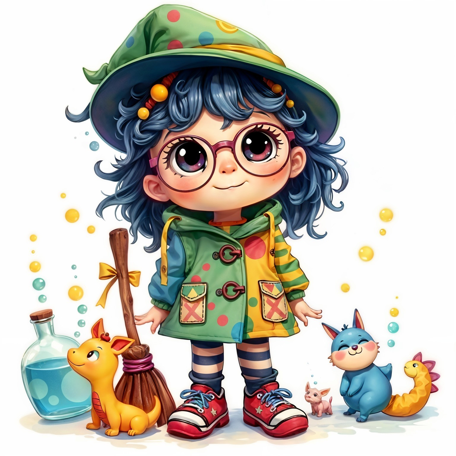 Cartoon Girl in Raincoat Surrounded by Whimsical Creatures
