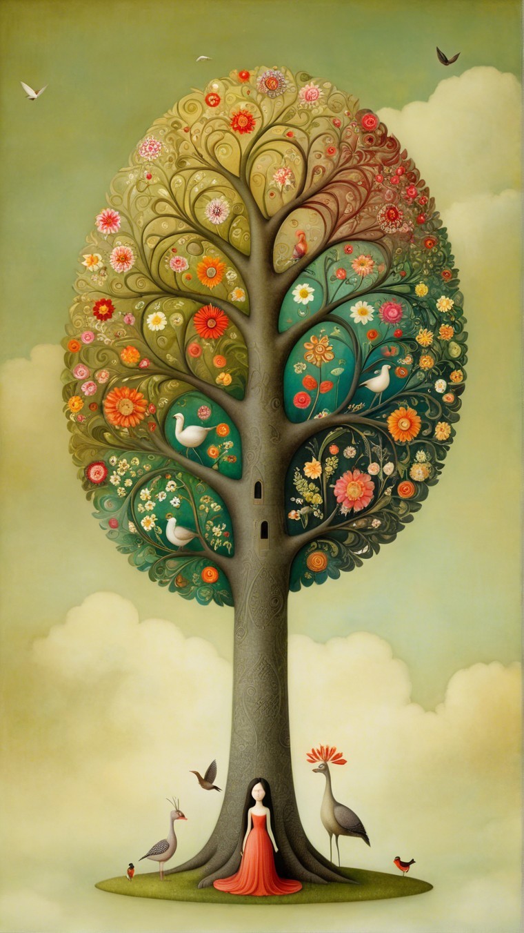 Whimsical Tree with Colorful Blossoms and Serenity