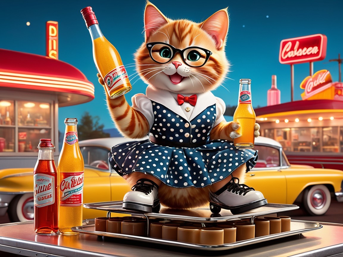 Cartoon Cat in Polka-Dot Dress at Retro Diner