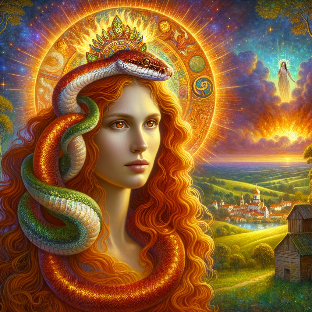 Portrait of a Woman with Red Hair and Snake Halo