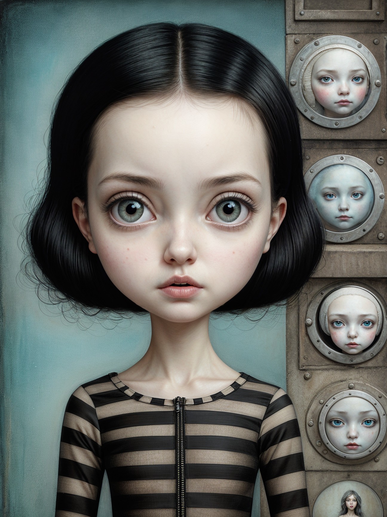 Surreal Portrait of a Girl with Green Eyes and Faces
