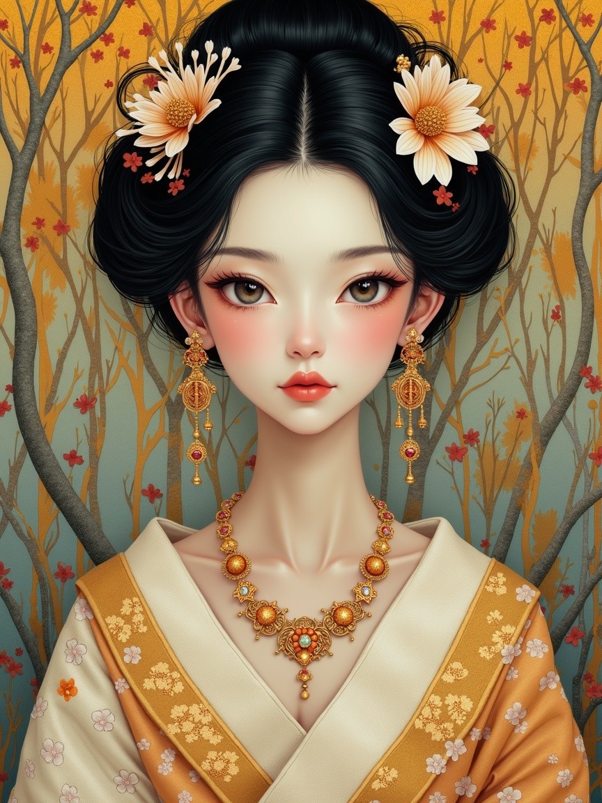 Elegant Woman in Kimono with Floral Accents