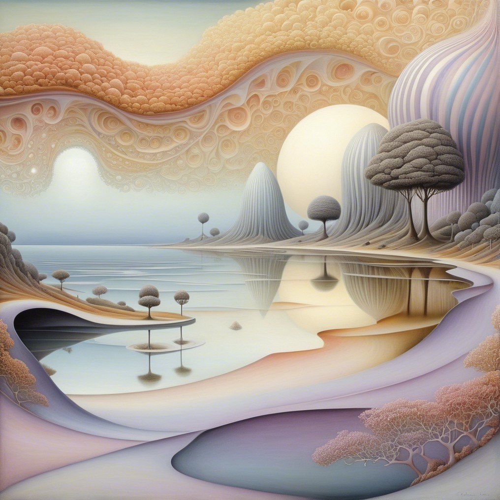 Surreal landscape with pastel hills and tranquil lake