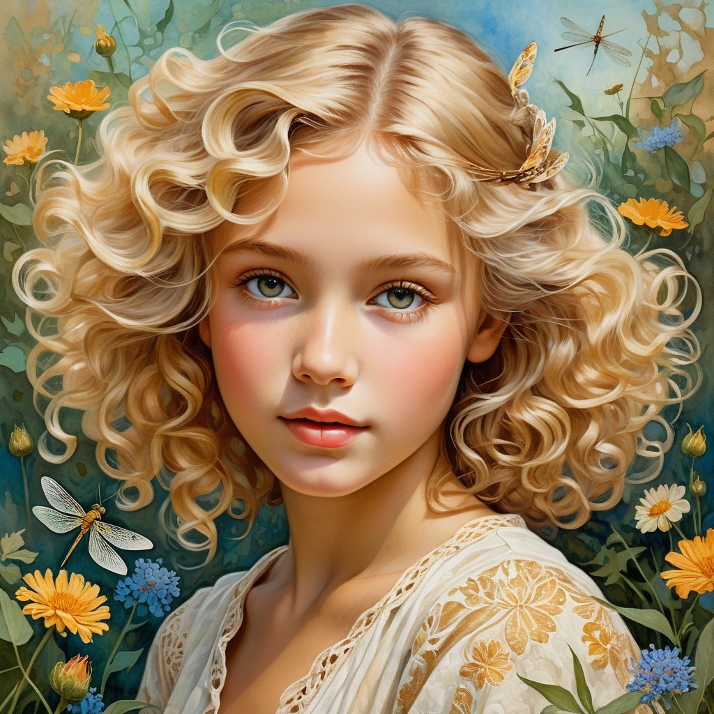Young girl in floral dress among wildflowers and dragonflies