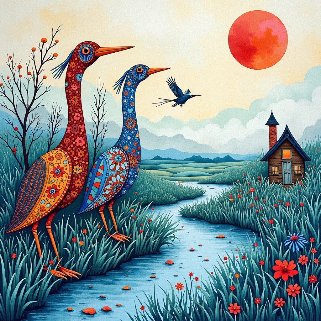 Herons by River with Whimsical House at Sunset