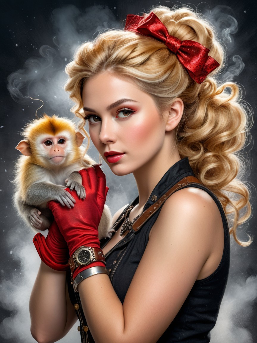 Glamorous woman with monkey in elegant setting