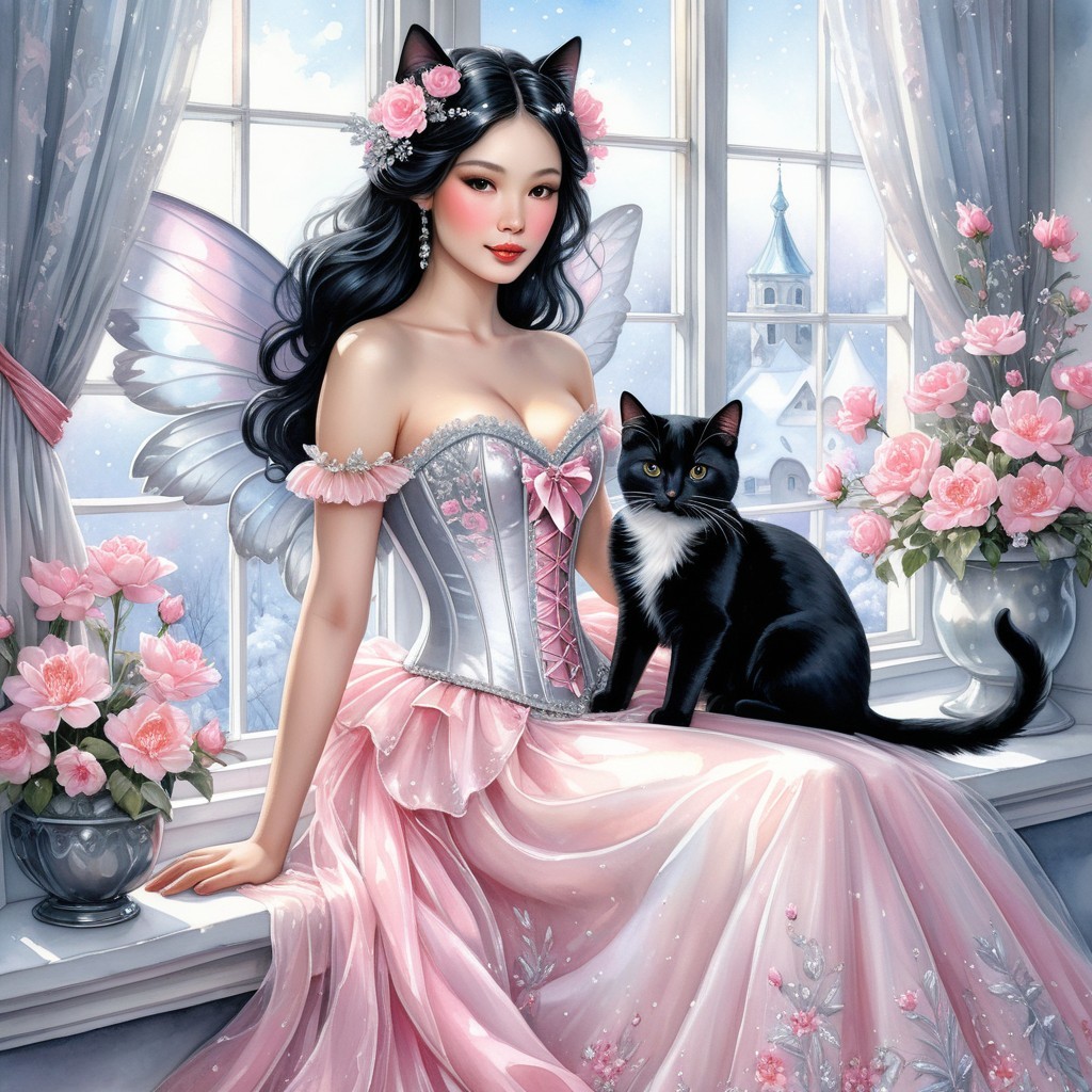 Fairy-like Figure by a Window with Black Cat and Roses
