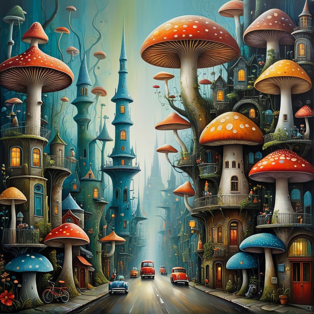 Whimsical Urban Scene with Colorful Mushrooms and Buildings