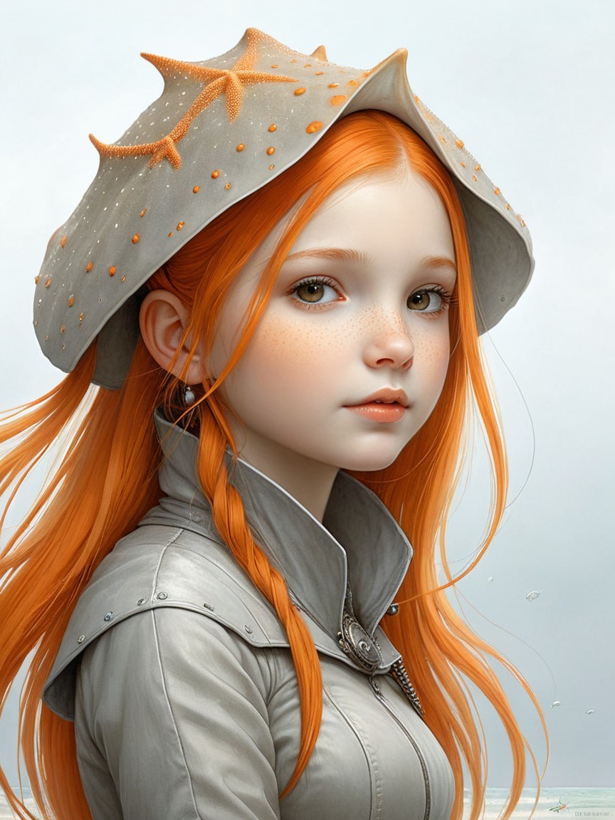 Young girl with orange hair and seashell hat