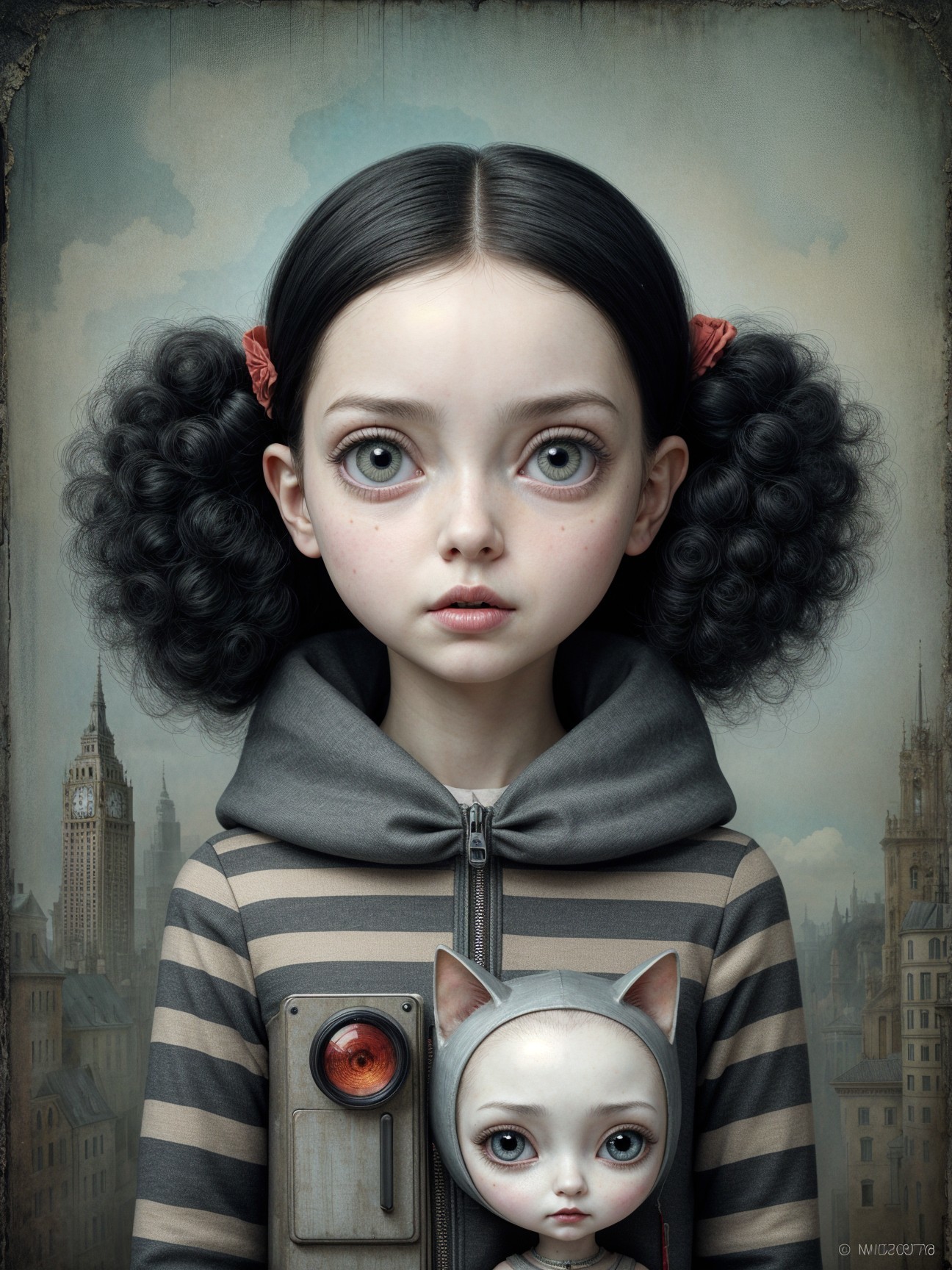 Girl with Pigtails in Vintage Cityscape Setting