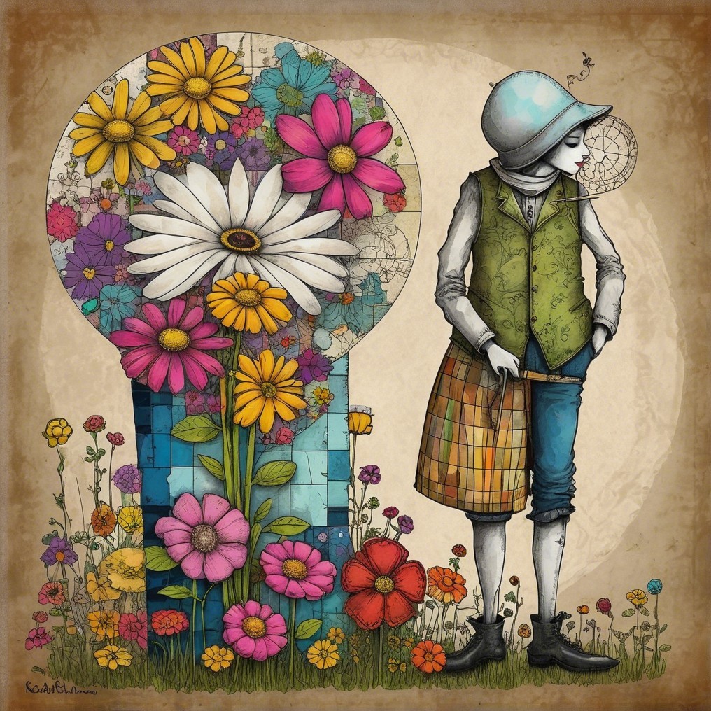 Whimsical Illustration of Figure by Colorful Keyhole