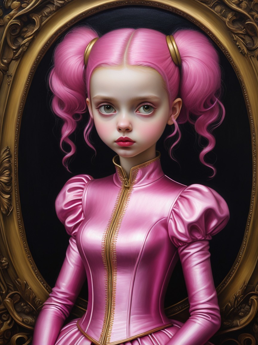 Whimsical Portrait of a Girl with Pink Curly Hair