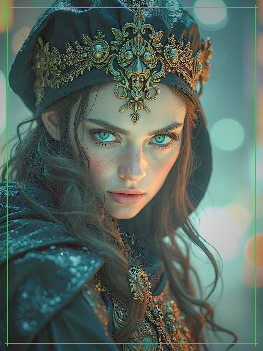 Young woman in ornate hood with vivid blue eyes