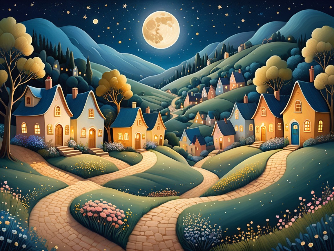Whimsical Night Village Under a Glowing Moon