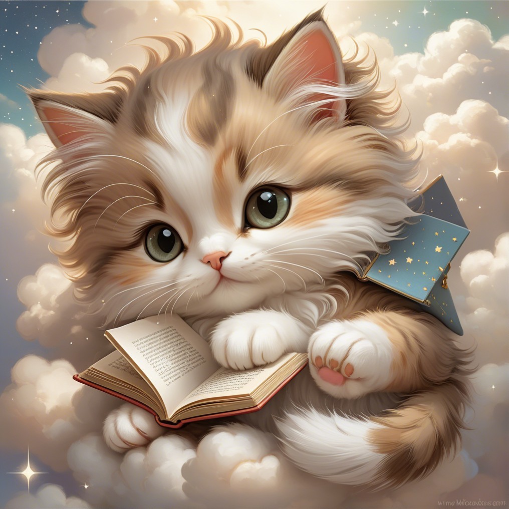 Fluffy Kitten in Clouds with Open Book and Backpack