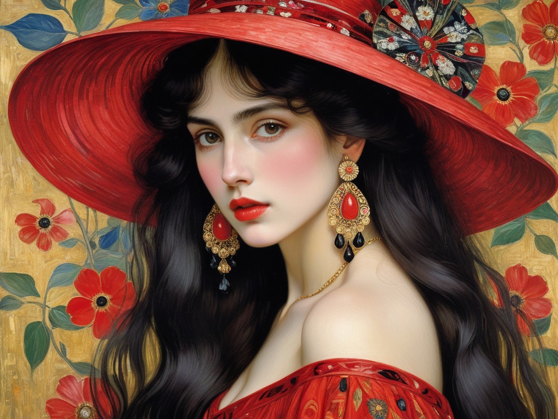 Young woman in red dress with floral background