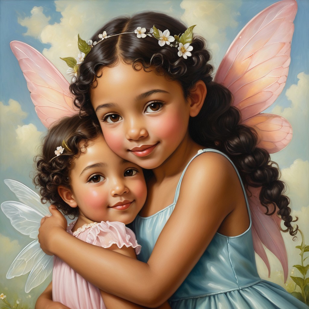 Young girls with butterfly wings in dreamy sky setting