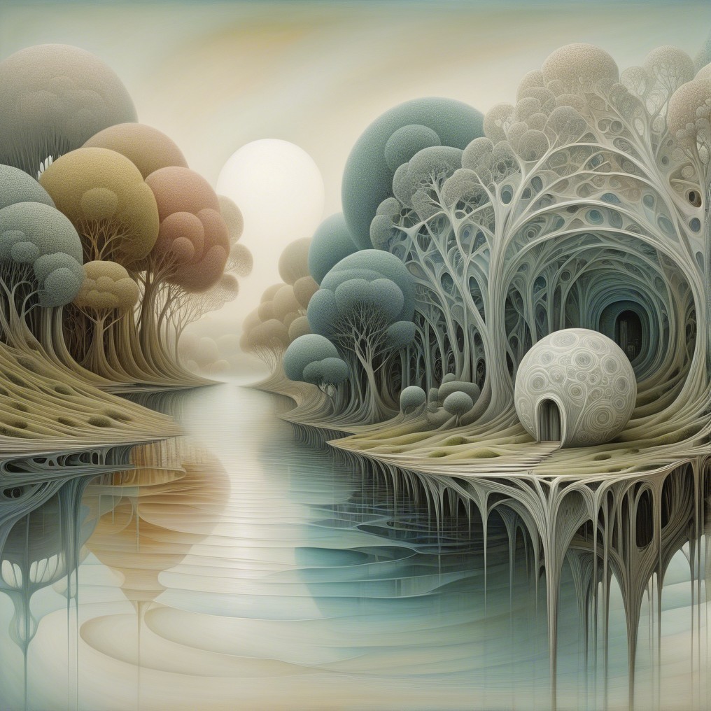 Surreal Landscape with Whimsical Trees and River