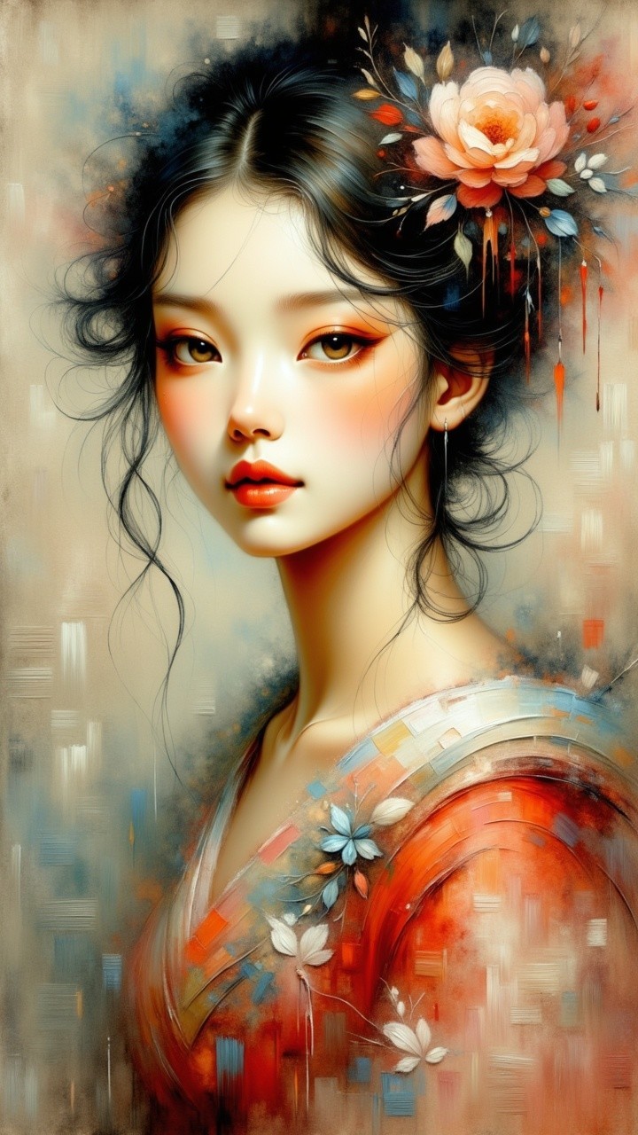 Stylized Portrait of Young Woman in Vibrant Kimono