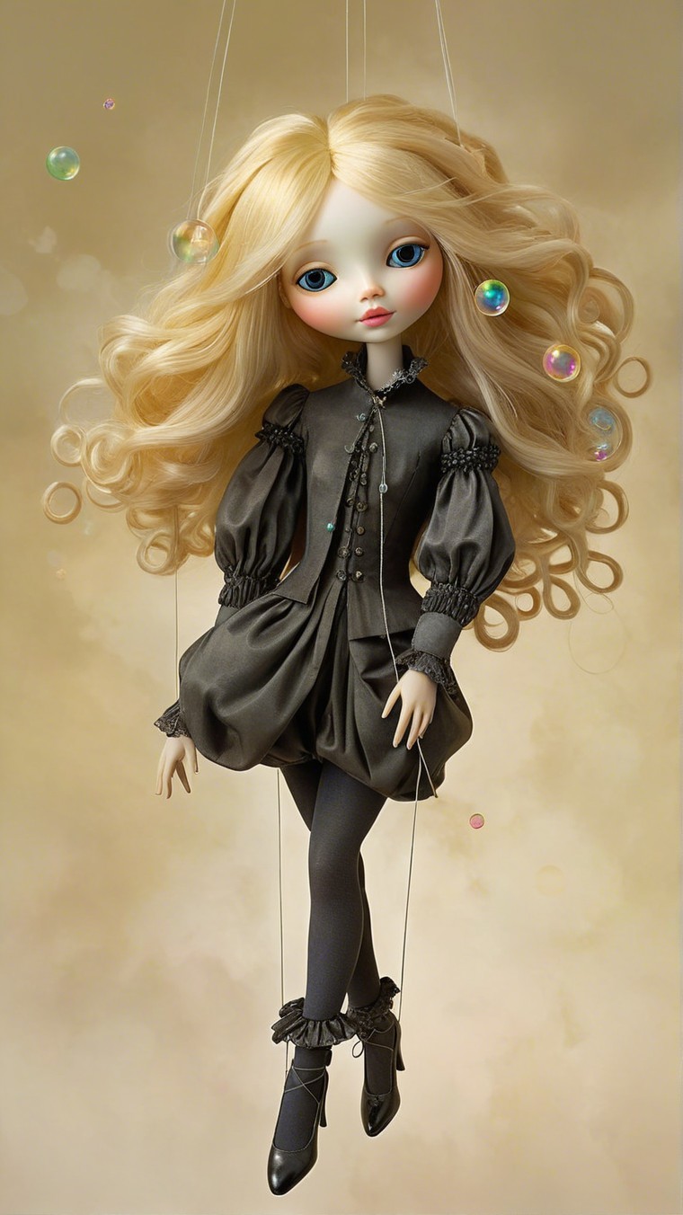 Whimsical Marionette Doll with Bubbles and Soft Background