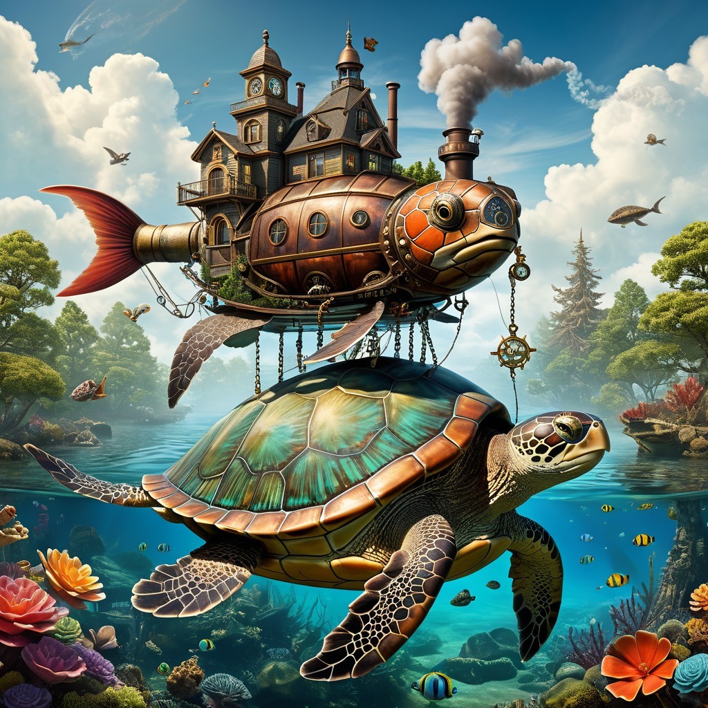 Steampunk Submersible Turtle with Victorian House