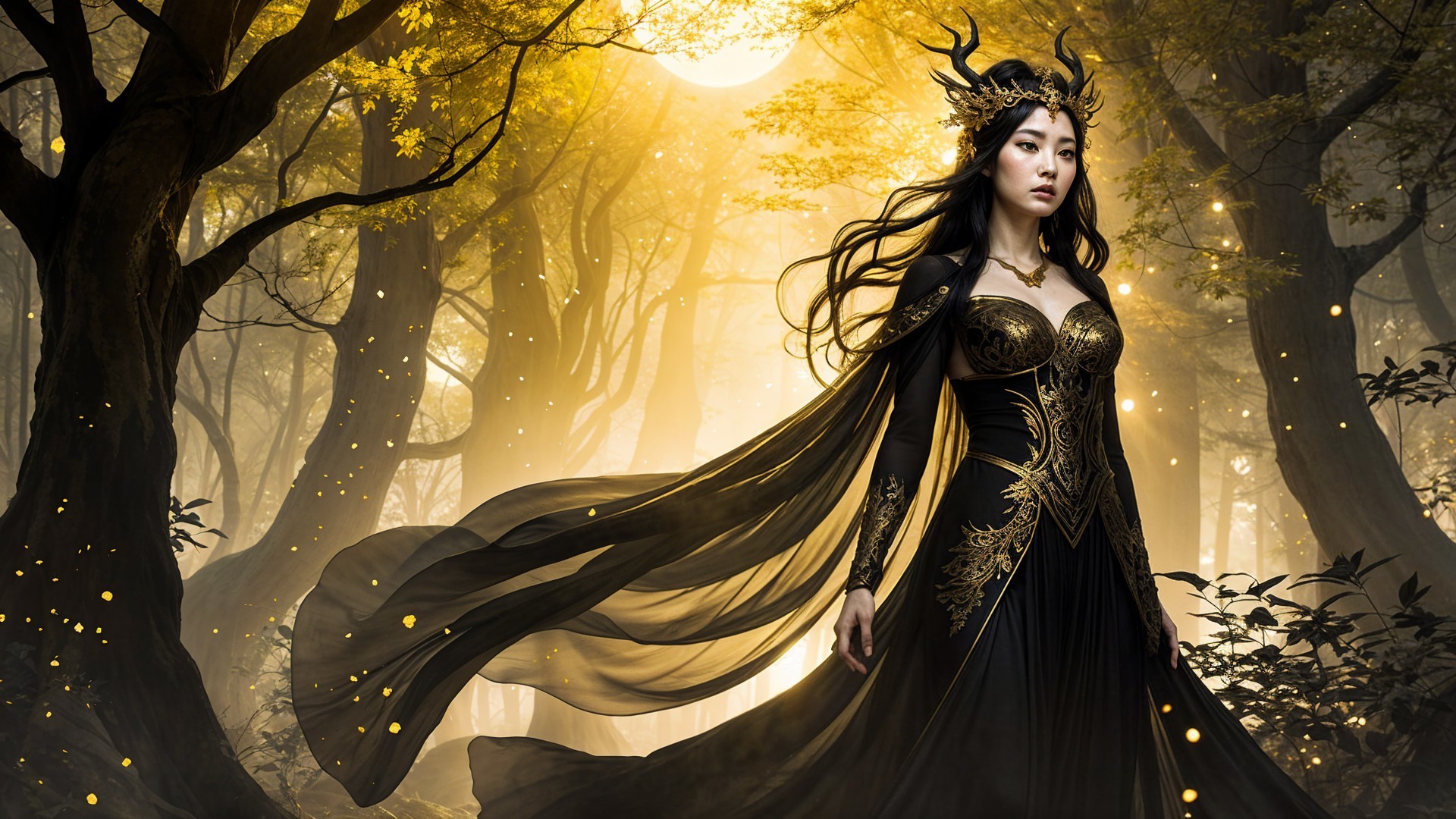 Mystical Figure in Enchanted Forest with Golden Light