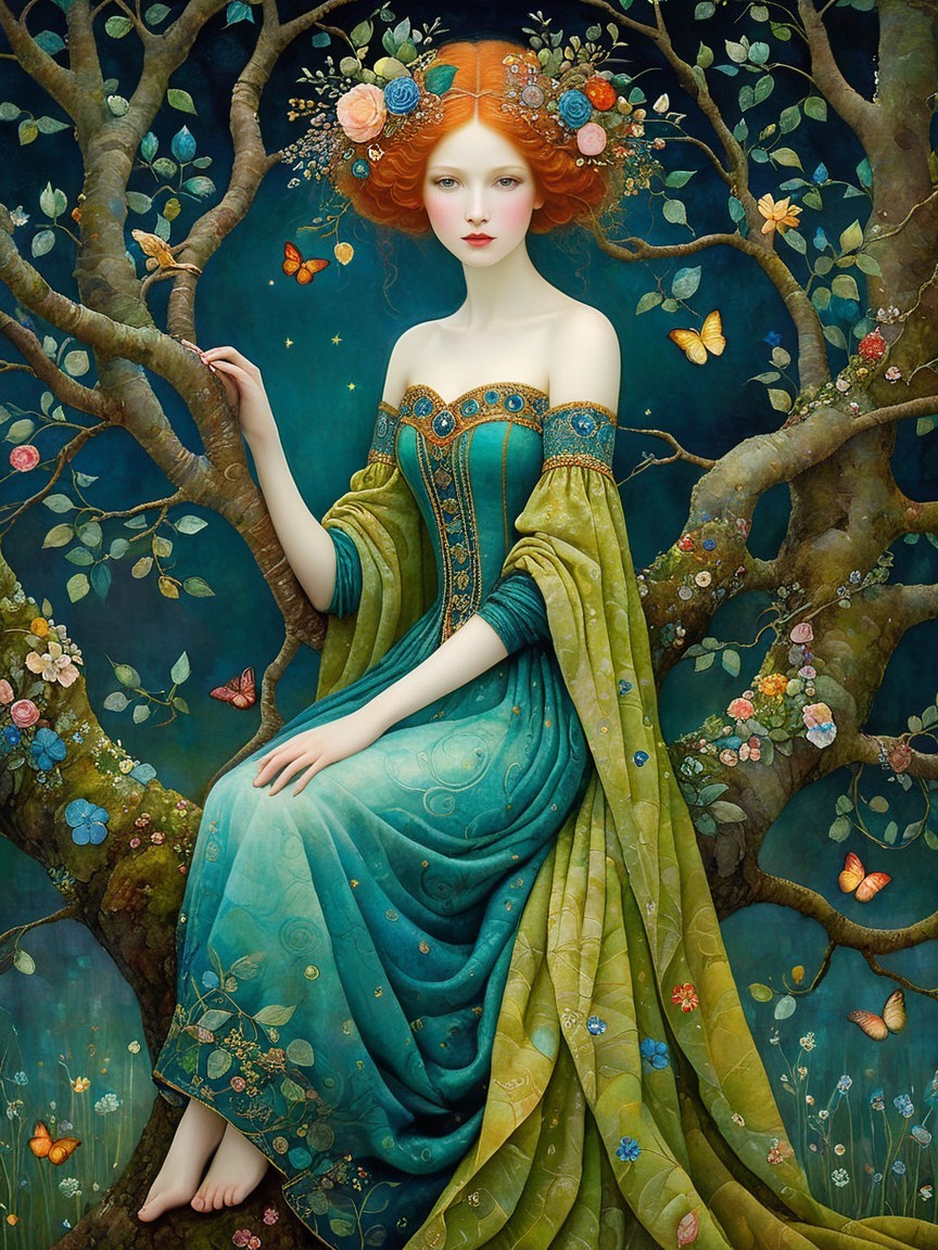Serene figure in turquoise gown on tree branch