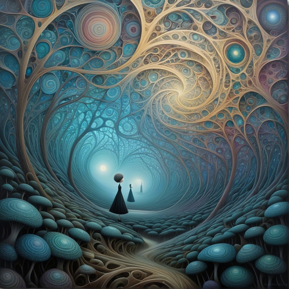 Surreal Forest with Flowing Gowns and Giant Mushrooms