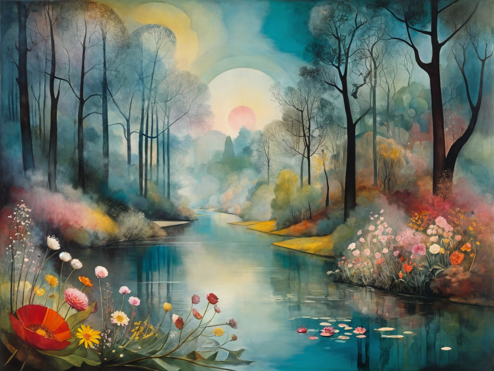 Tranquil River in Dreamlike Forest Landscape Painting