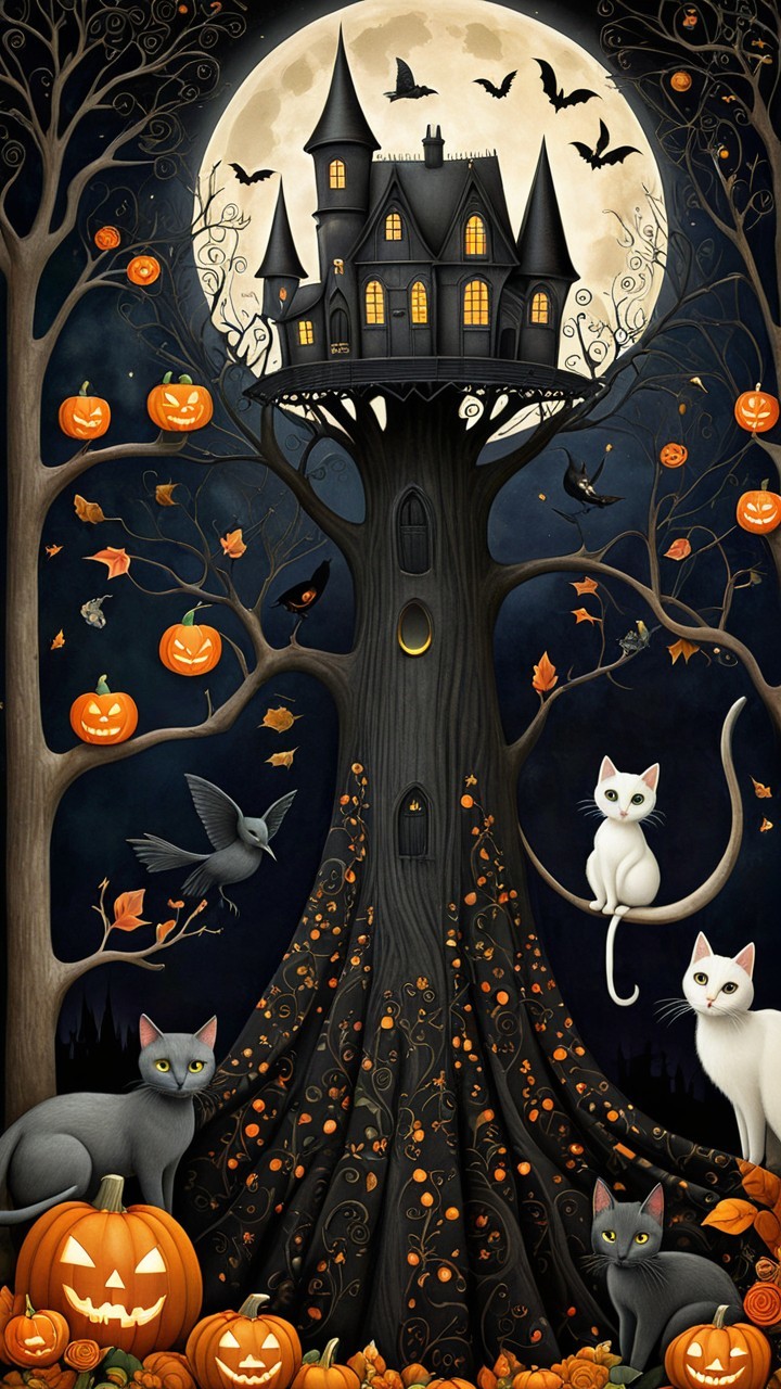 Whimsical Halloween Scene with Spooky Tree and Cats