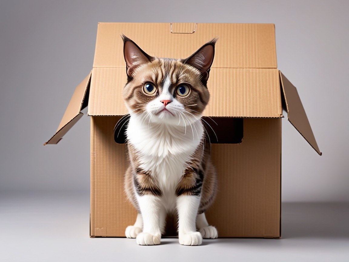 Fluffy Cat with Blue Eyes in Cardboard Box Scene