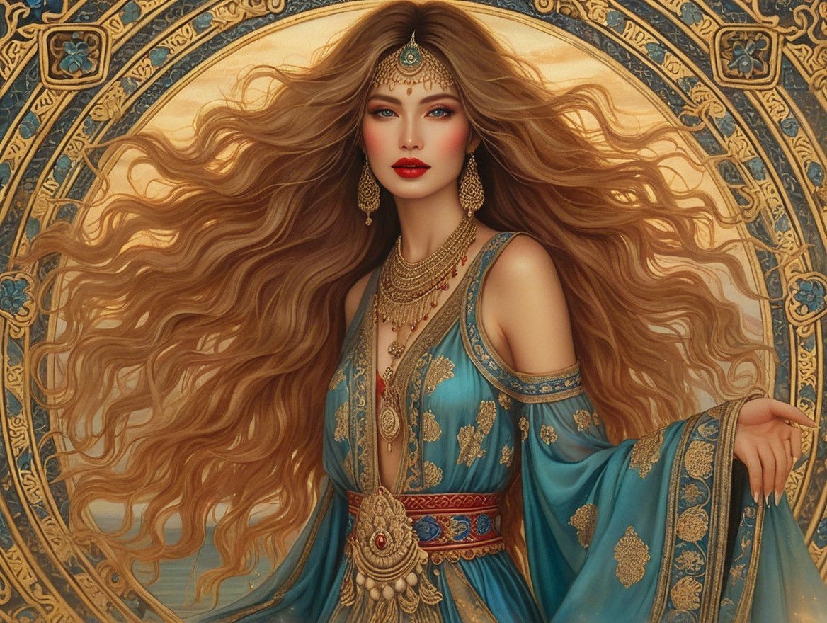 Elegant Woman in Blue Gown with Intricate Details