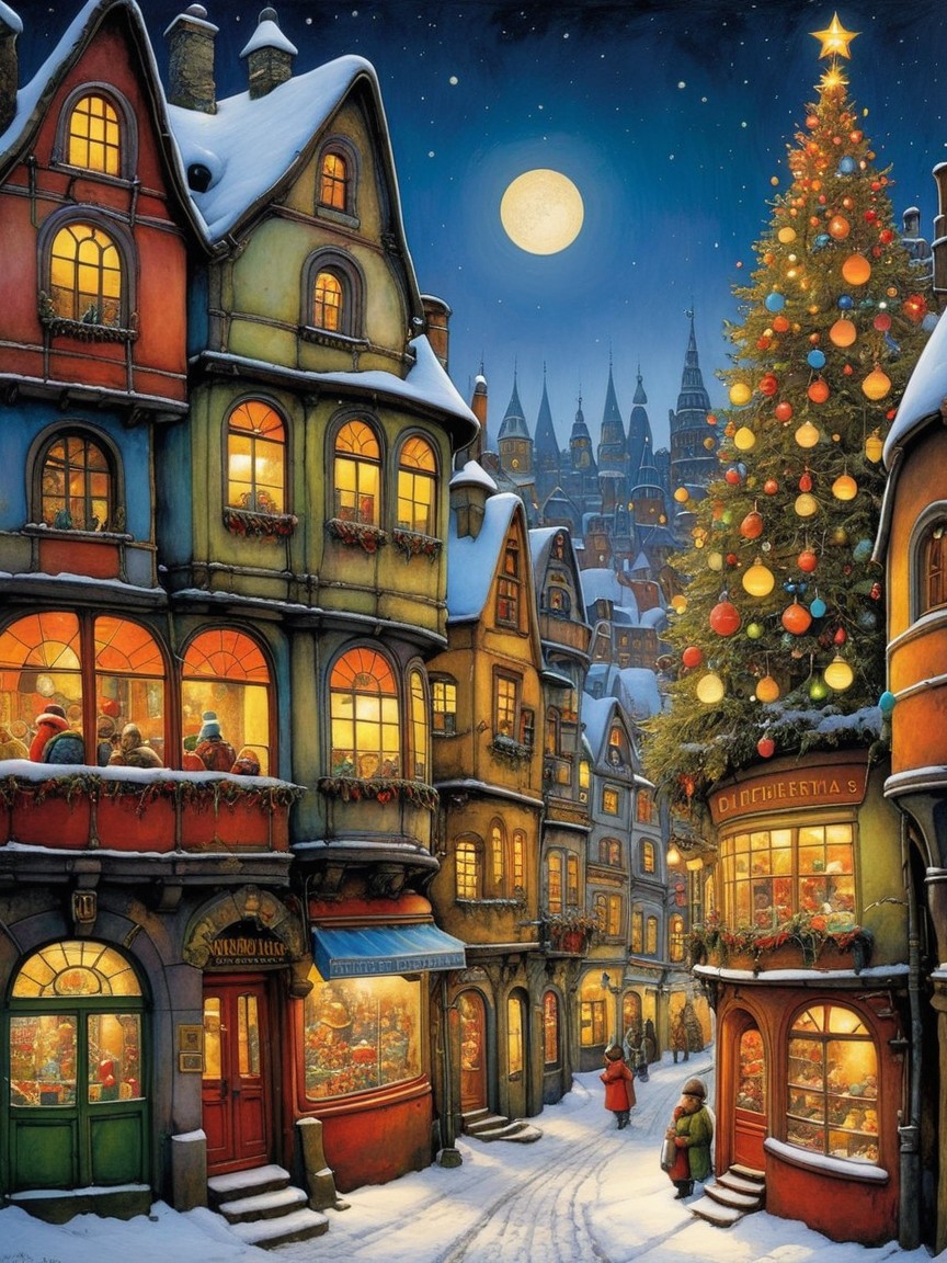 Vibrant Christmas Scene on a Snowy European Street