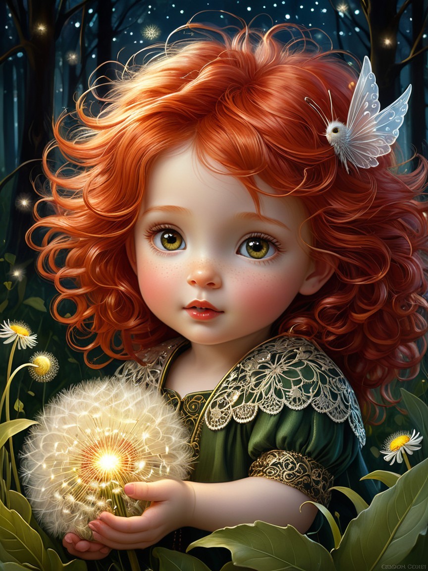 Whimsical Scene of a Girl with Dandelion in Forest
