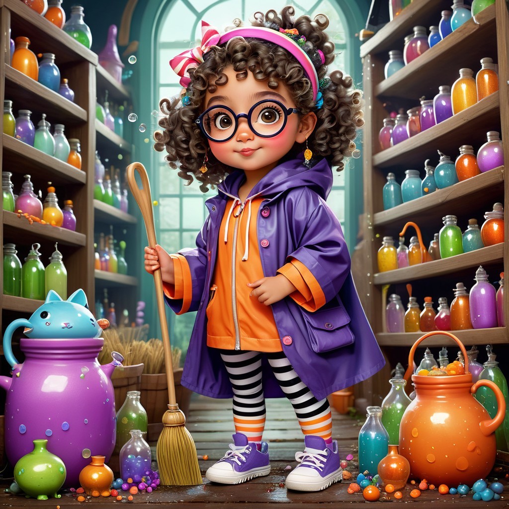 Cheerful Girl in Whimsical Potion Shop Setting