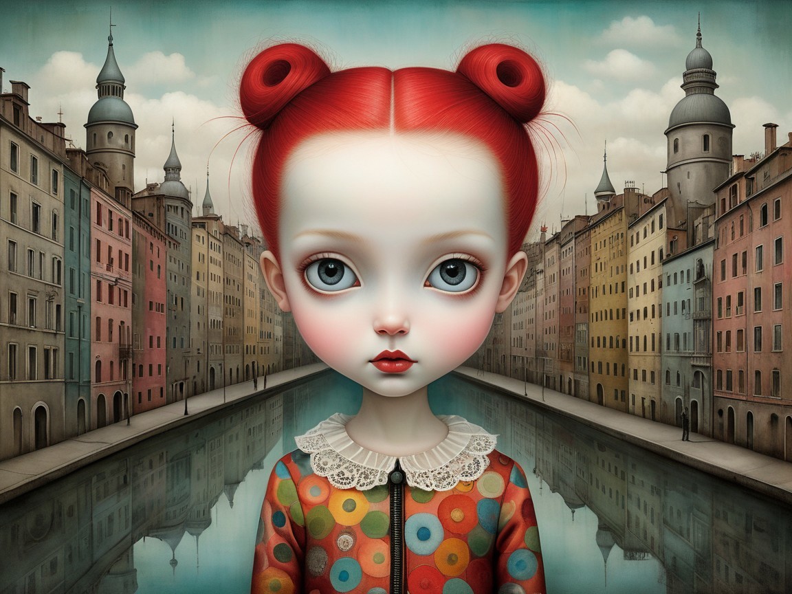 Whimsical girl with red hair by a serene canal