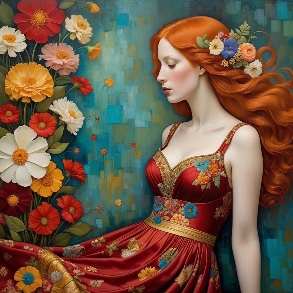 Serene Woman in Red Dress with Floral Hairpiece