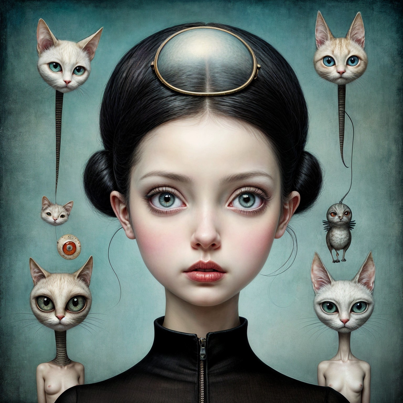 Surreal Portrait of a Girl with Whimsical Cats
