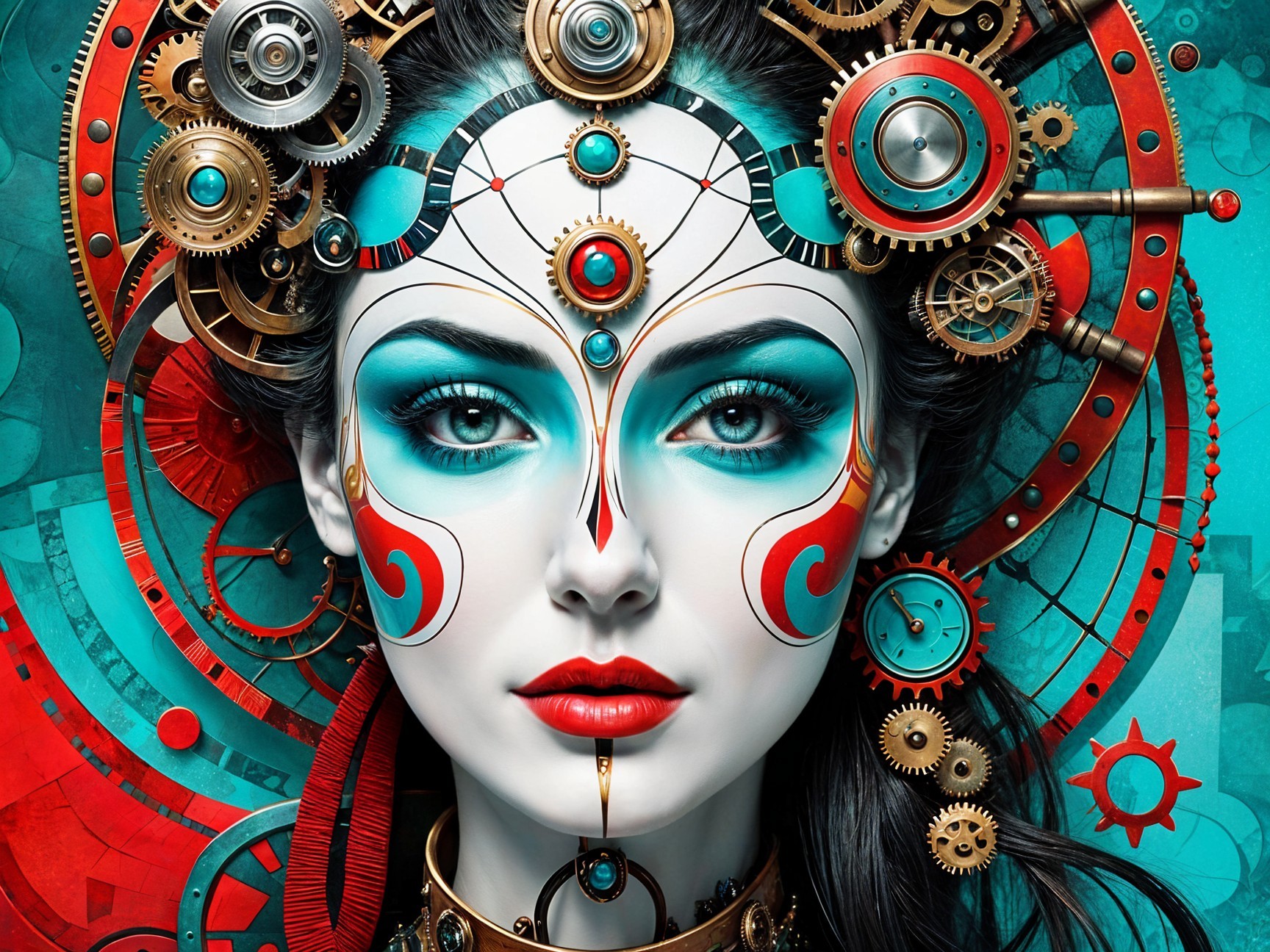 Portrait of a Woman with Mechanical Gears and Colors