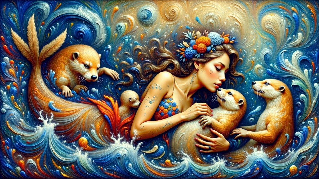 Whimsical Underwater Scene with Mermaid and Otters