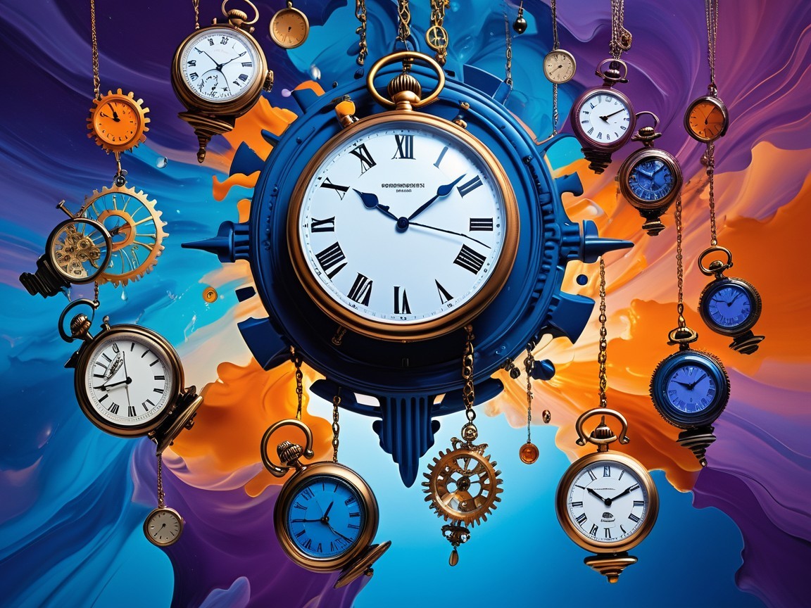 Collection of Clocks on Vibrant Orange and Blue Background