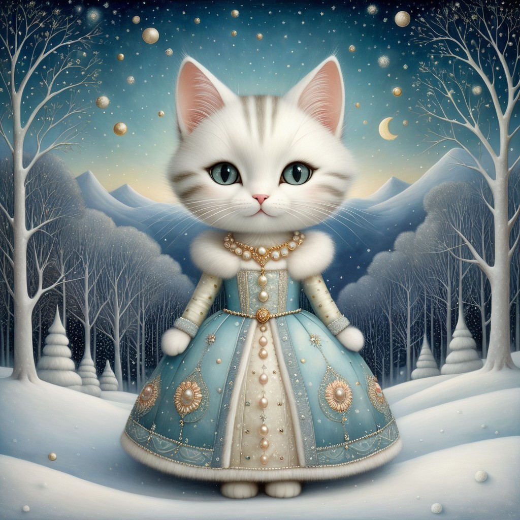 Striped Kitten in Fairytale Gown in Snowy Forest