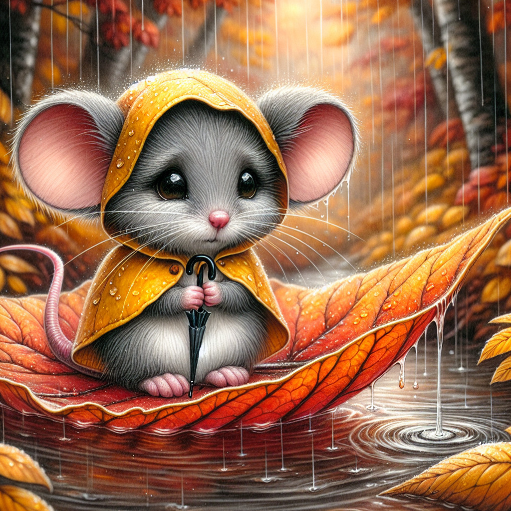 Mouse in Yellow Raincoat Amidst Autumn Foliage