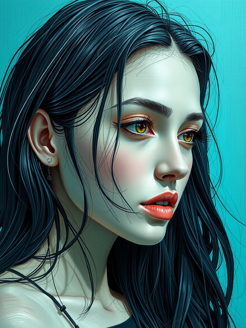Portrait of a Young Woman with Black Hair and Golden Eyes