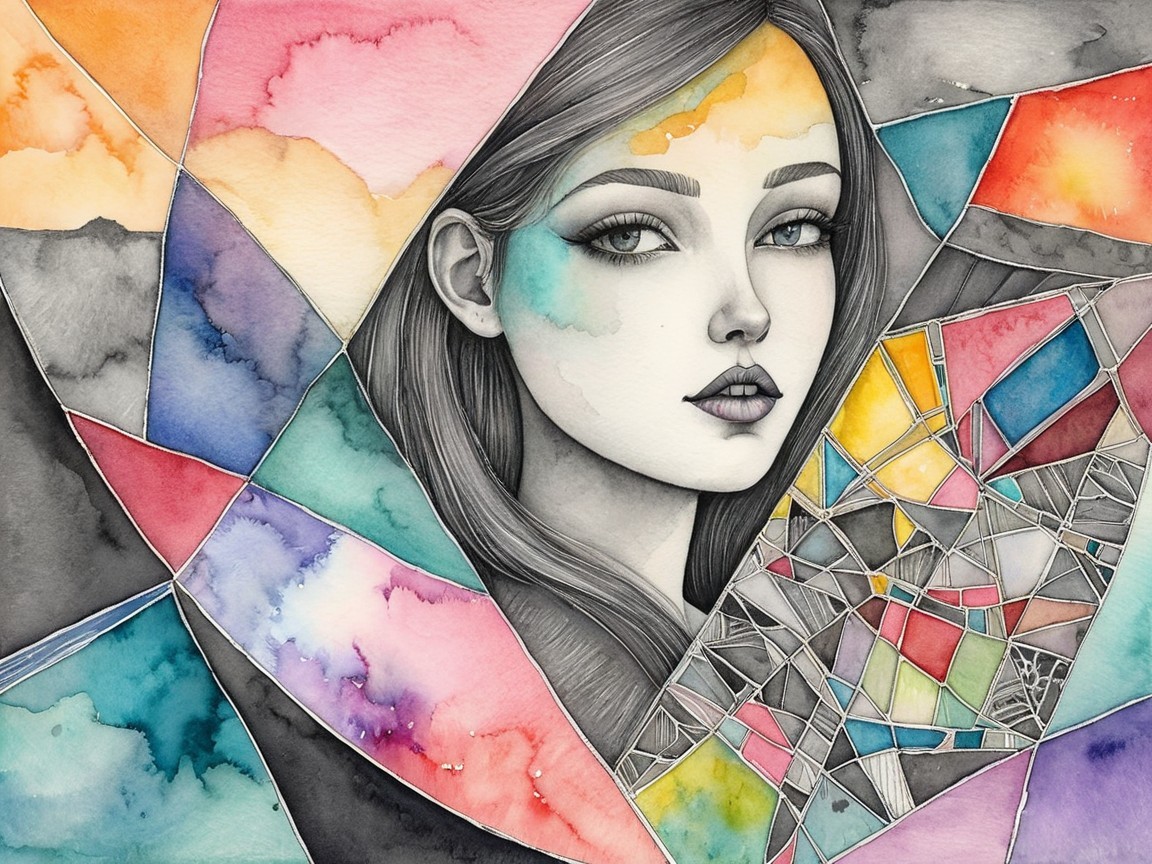 Portrait of a Young Woman with Colorful Mosaic Background