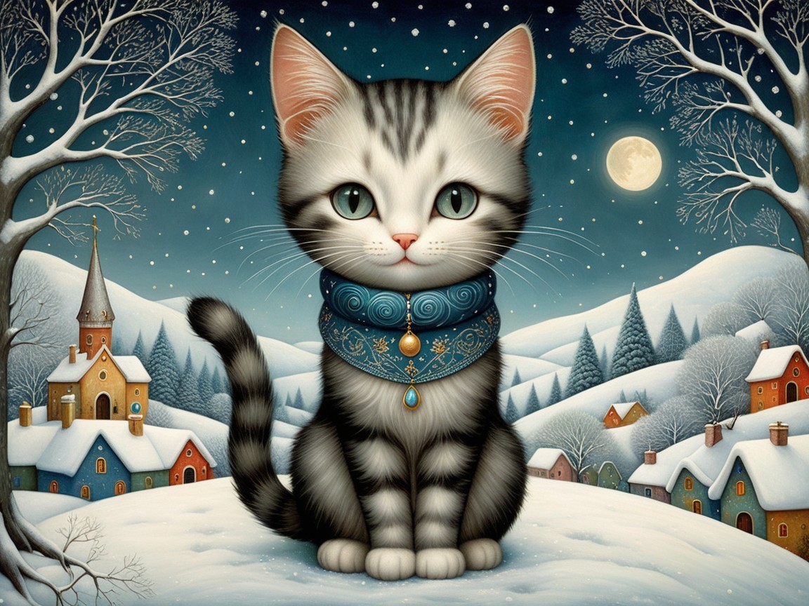 Illustrated Cat in Snowy Village Landscape