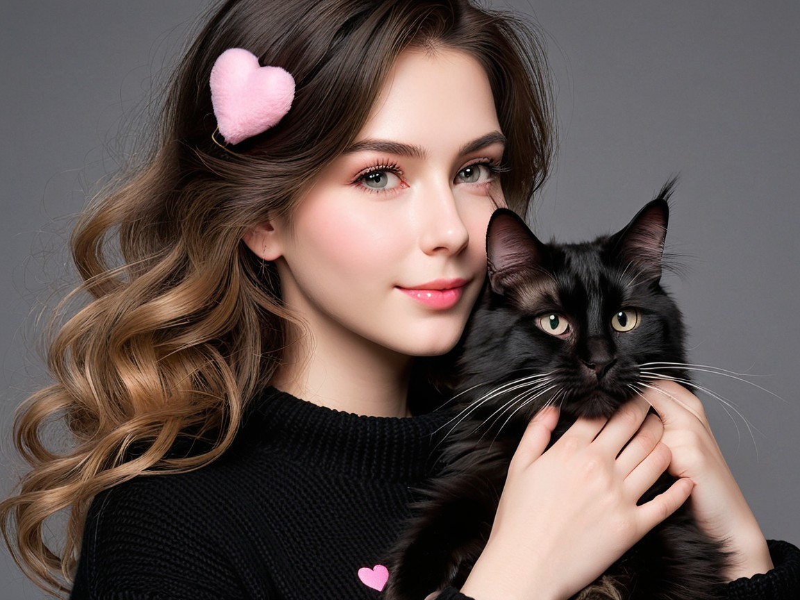 Young woman with black cat in affectionate pose