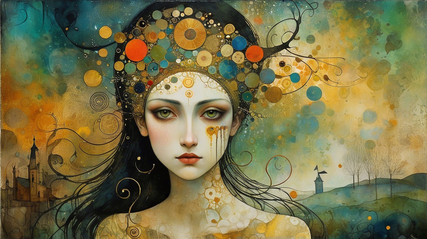 Mystical Woman with Flowing Hair and Ethereal Background