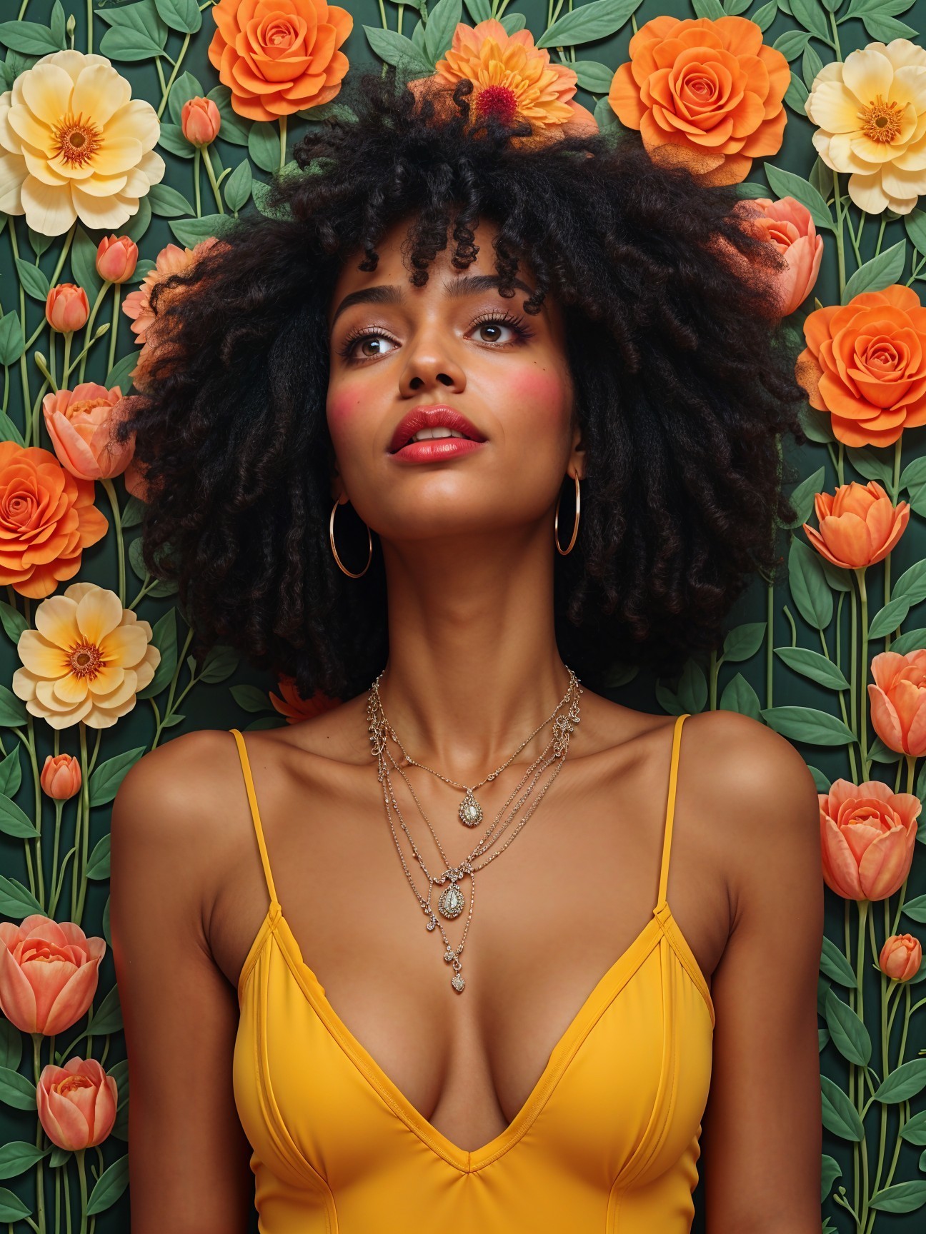 Woman with Curly Hair in Floral Background