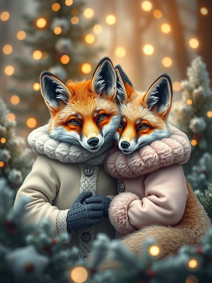 Charming Foxes in Winter Coats in Snowy Forest